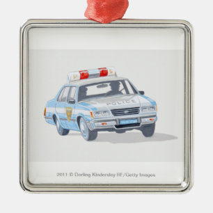 Illustration of police car with two policemen metal tree decoration