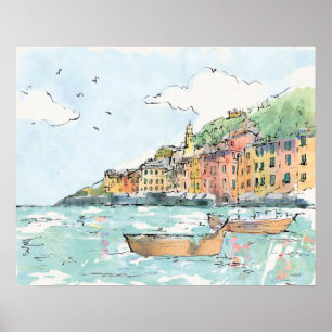 Illustration of Porofino Harbour Poster