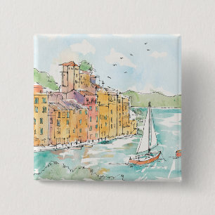 Illustration of Porofino Harbour With Sailboat 15 Cm Square Badge