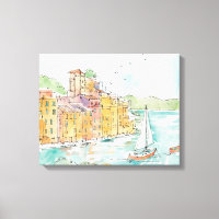 Illustration of Porofino Harbour With Sailboat