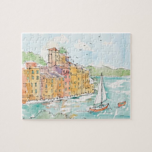 Illustration of Porofino Harbour With Sailboat Jigsaw Puzzle (Horizontal)