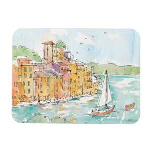 Illustration of Porofino Harbour With Sailboat Magnet