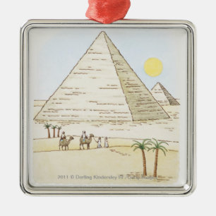 Illustration of pyramids and men with camels metal tree decoration