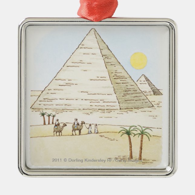 Illustration of pyramids and men with camels metal tree decoration (Front)