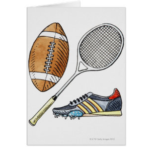 Illustration of rugby ball, tennis racquet,
