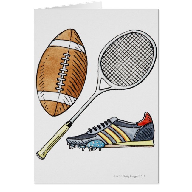Illustration of rugby ball, tennis racquet, (Front)