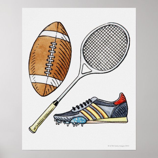Illustration of rugby ball, tennis racquet, poster (Front)