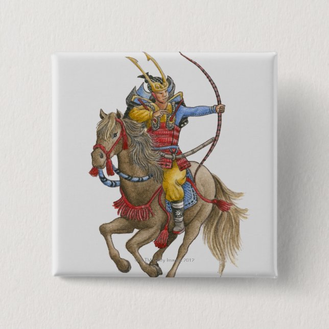 Illustration of Samurai on horseback holding bow 15 Cm Square Badge (Front)