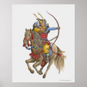 Illustration of Samurai on horseback holding bow Poster