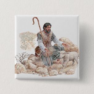 Illustration of shepherd finding his lost sheep 15 cm square badge