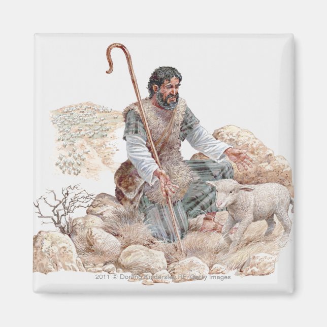 Illustration of shepherd finding his lost sheep magnet (Front)