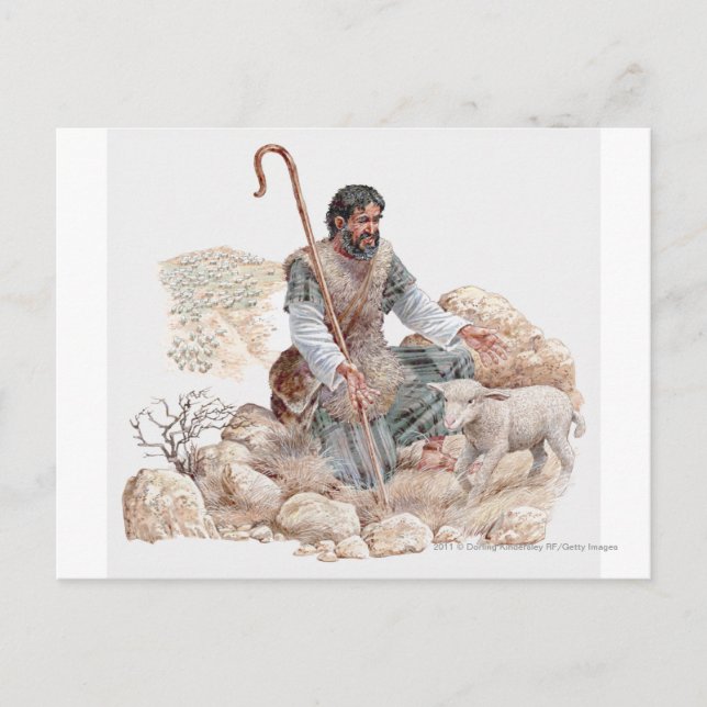 Illustration of shepherd finding his lost sheep postcard (Front)