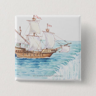 Illustration of ship approaching edge of waterfall 15 cm square badge