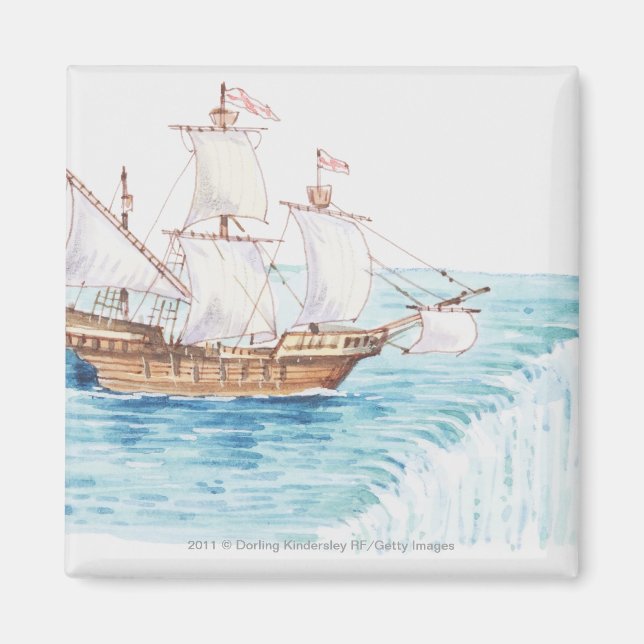 Illustration of ship approaching edge of waterfall magnet (Front)