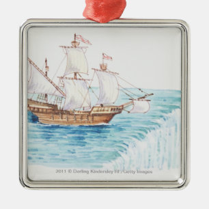 Illustration of ship approaching edge of waterfall metal tree decoration