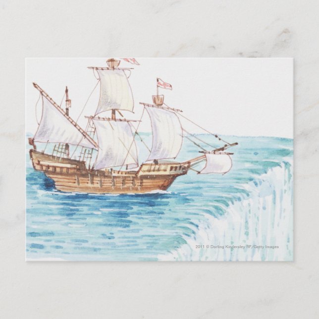 Illustration of ship approaching edge of waterfall postcard (Front)
