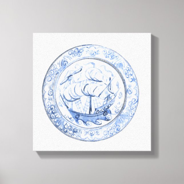 Illustration of ship on 16th century Iznik plate Canvas Print (Front)