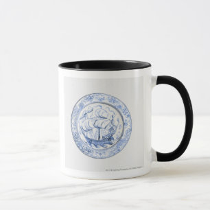 Illustration of ship on 16th century Iznik plate Mug