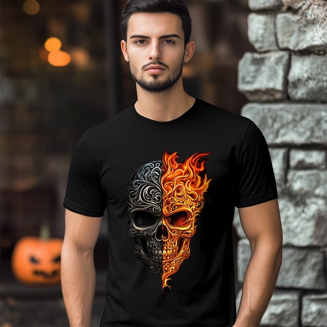 Illustration of Skull Tattoo Fire Flame Halloween Tri-Blend Shirt (Illustration of Skull Tattoo Fire Flame Halloween T-Shirt)