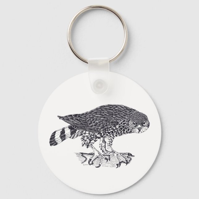 Illustration of Sparrow Hawk on button Keyring (Front)