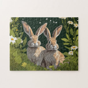 Illustration of two bunnies with flowers, bunny jigsaw puzzle