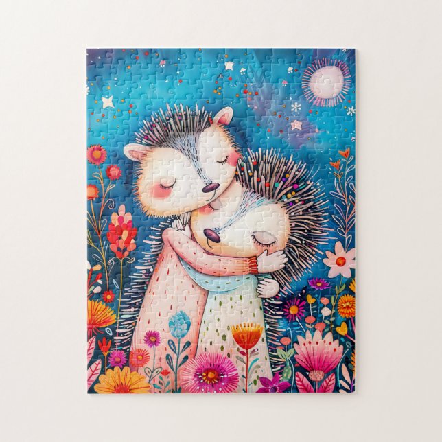 Illustration of two Hugging Hedgehogs in night at  Jigsaw Puzzle (Vertical)