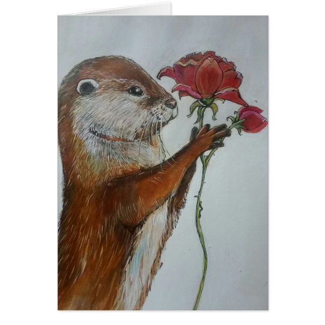Illustration otter holding a single red rose (Front)