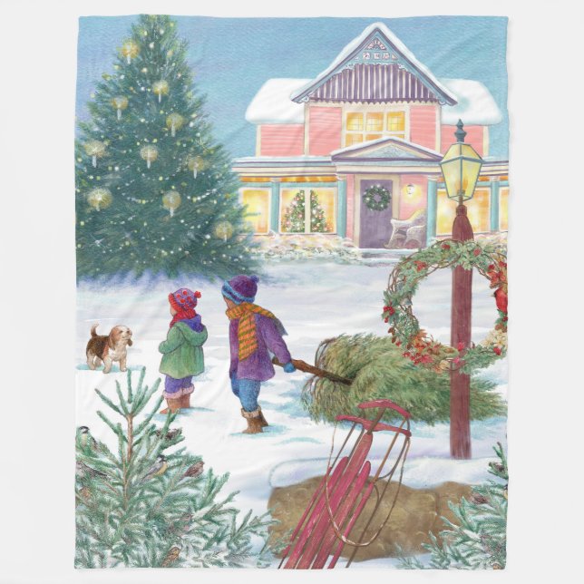  Illustration with Kids and Snow Cover House Fleece Blanket (Front)