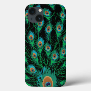 Illustration With Peacock Feathers on Black iPhone 13 Case