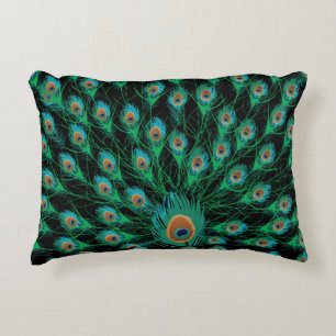 Illustration With Peacock Feathers on Black Decorative Cushion