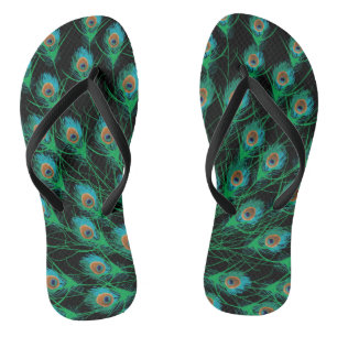 Illustration With Peacock Feathers on Black Jandals