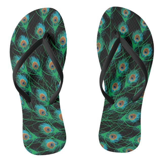 Illustration With Peacock Feathers on Black Jandals (Footbed)