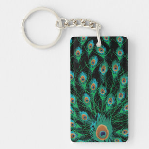 Illustration With Peacock Feathers on Black Key Ring