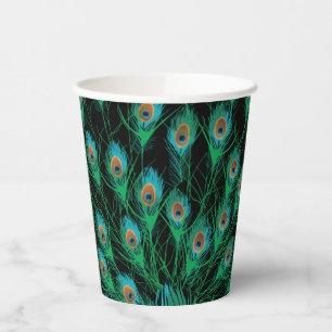 Illustration With Peacock Feathers on Black Paper Cups