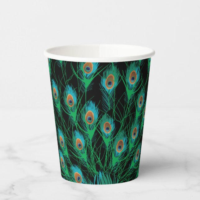 Illustration With Peacock Feathers on Black Paper Cups (Left)