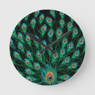 Illustration With Peacock Feathers on Black Round Clock