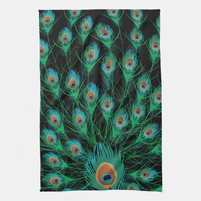 Illustration With Peacock Feathers on Black Tea Towel (Vertical)