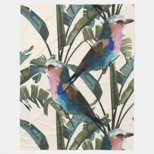 Illustrations of bananas leaves, bird. fleece blanket
