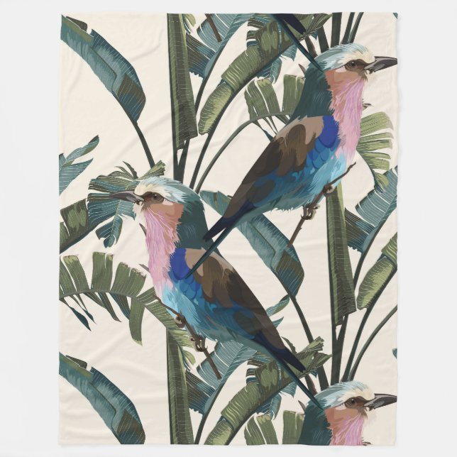 Illustrations of bananas leaves, bird. fleece blanket (Front)