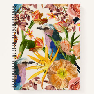 Illustrations of tropical flowers, exotic birds. notebook