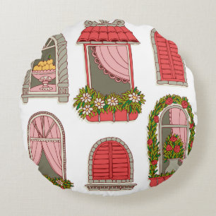 Illustrations with Vintage Windows: Artistic. Round Cushion