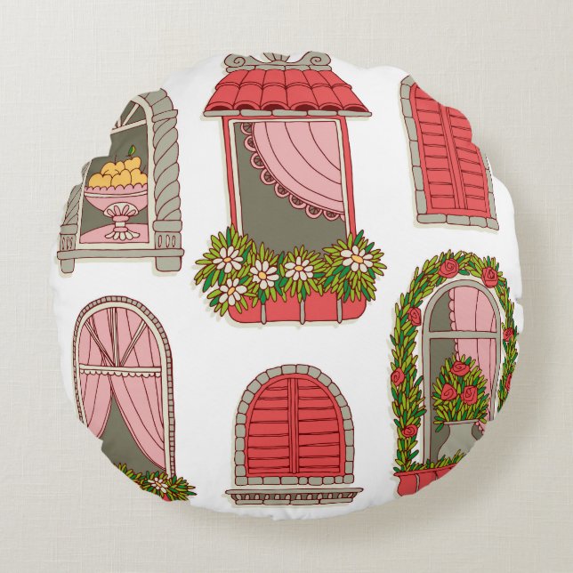 Illustrations with Vintage Windows: Artistic. Round Cushion (Front)