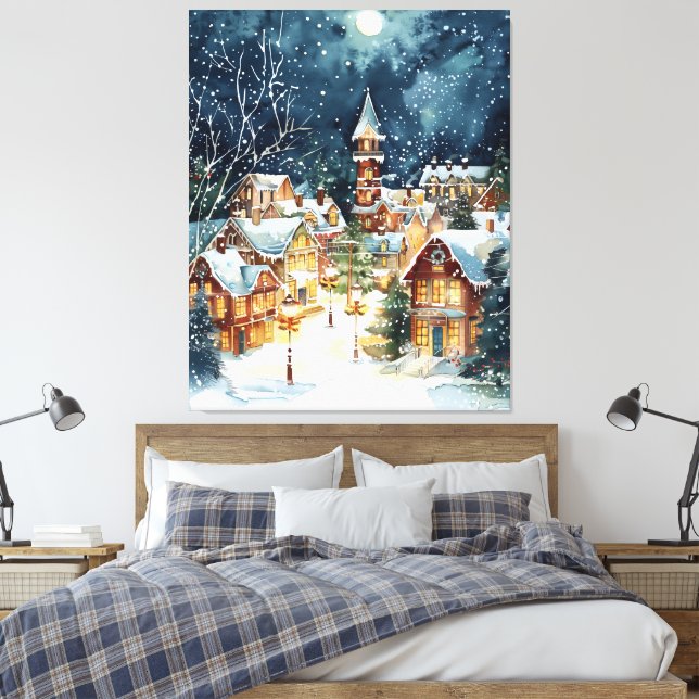 Illustrative Christmas  city in the snow Canvas Print (Insitu(Bedroom))