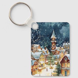 Illustrative Christmas city in the snow Key Ring