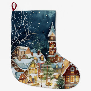 Illustrative Christmas  city in the snow Large Christmas Stocking