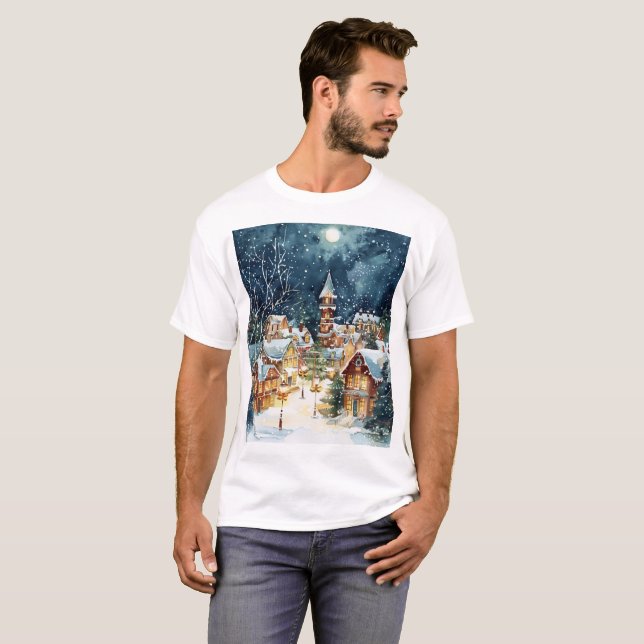 Illustrative Christmas  city in the snow T-Shirt (Front Full)