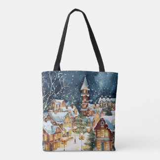 Illustrative Christmas city in the snow Tote Bag