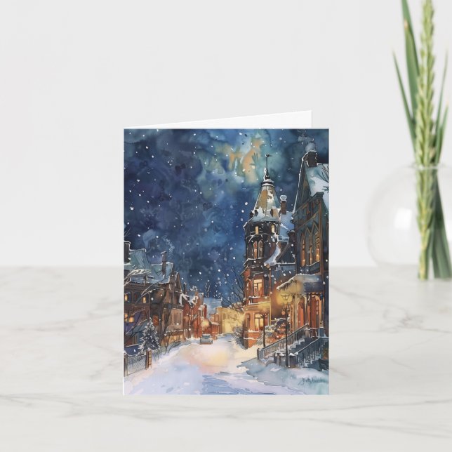 Illustrative Christmas Village in snow night Card (Front)