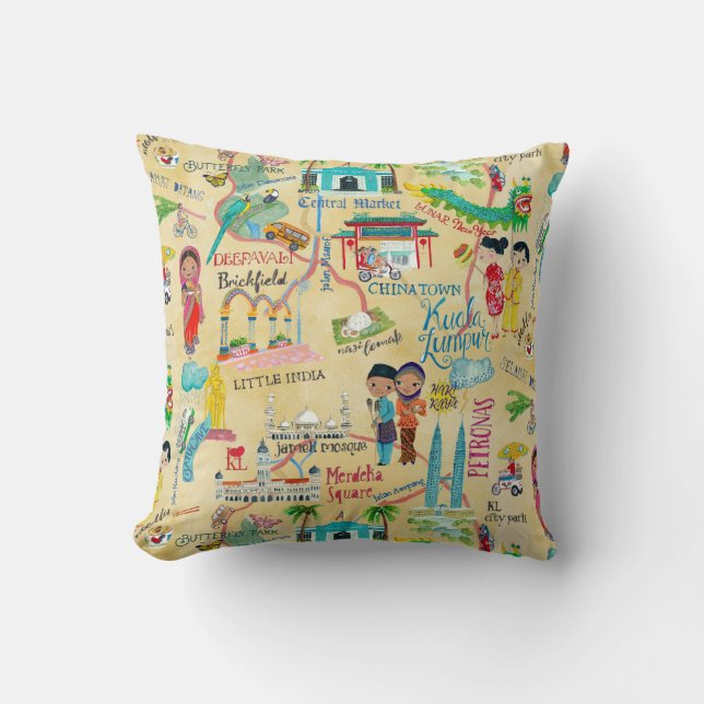 Illustrative Map Kuala Lumpur Cotton Throw Pillow (Front)