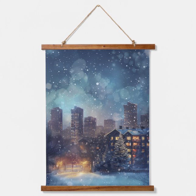 Illustrative New York city in the snow night Hanging Tapestry (Front)